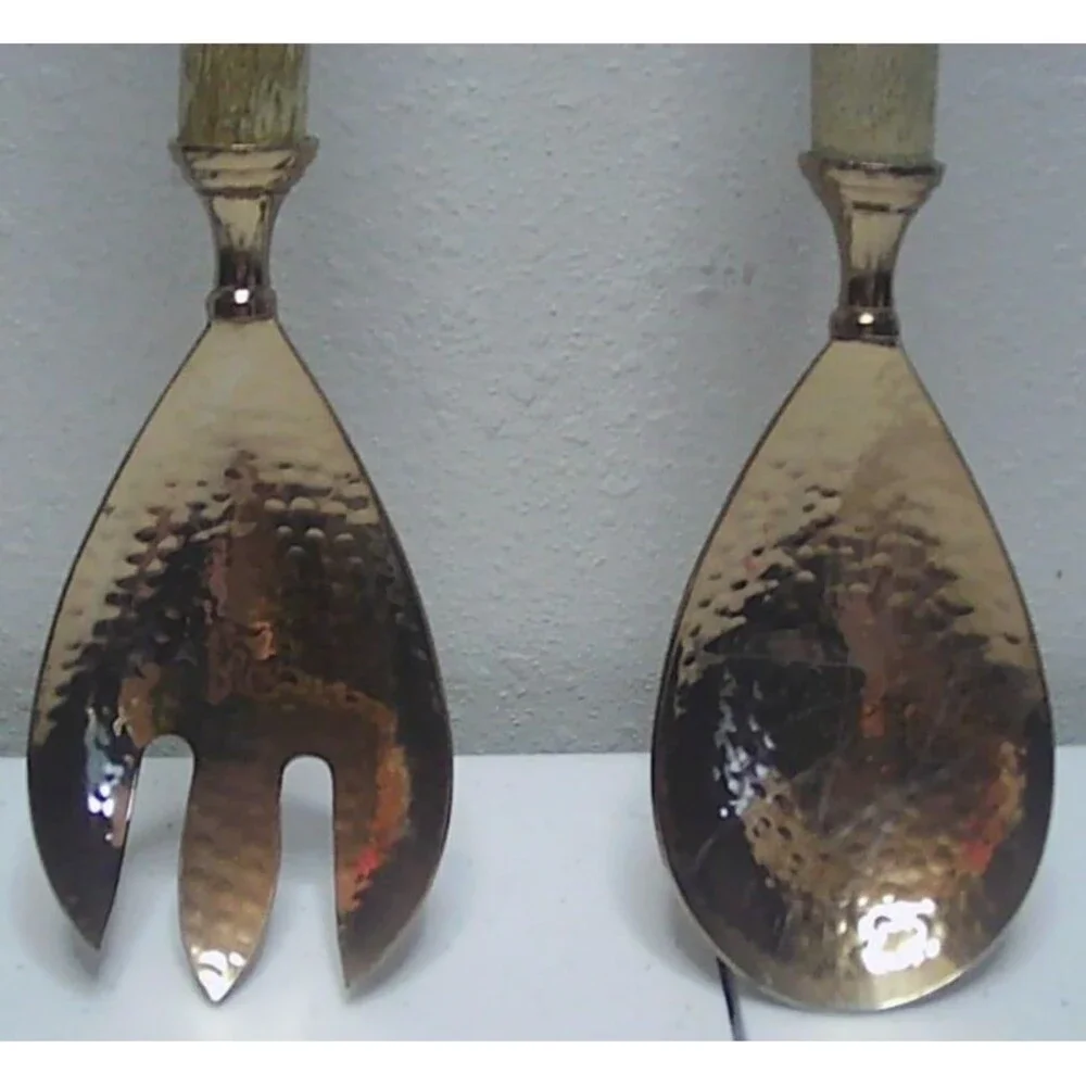 Vtg Salad Server Set Hammered Plated Copper, Wood Handles MCM 13.25